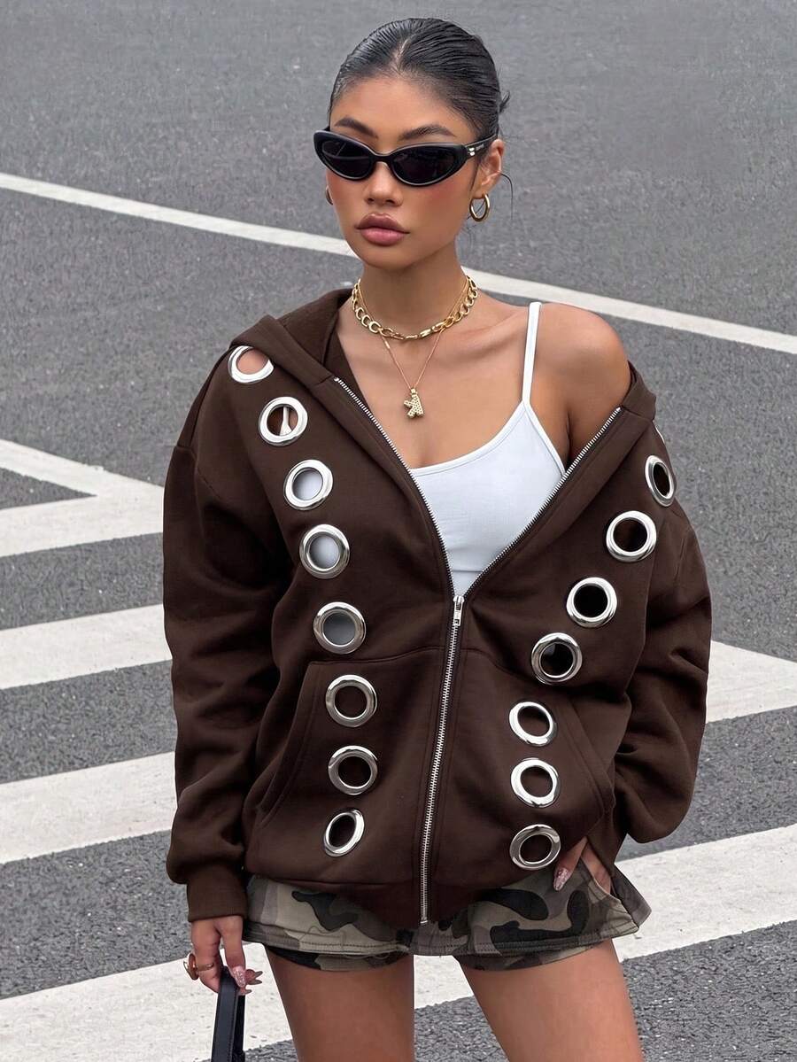 Muchica Chocolate Brown Fashionable Grommet Design Loose Open Front Thermal Lined Hooded Sweatshirt - Chocolate Brown - View 1