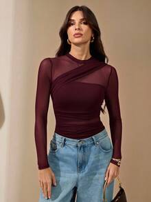 SHEIN Tall 女款栗棕色連身衣，透視網紗長袖，抓皺設計，半高領，適合雞尾酒會、浪漫約會或冬季疊穿 - 紫紅色 - 查看 11