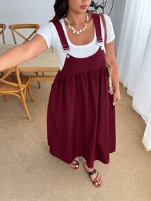 Enliva Plus Size Women's Solid Color Pleated Loose Strap Dress - Burgundy - View 9