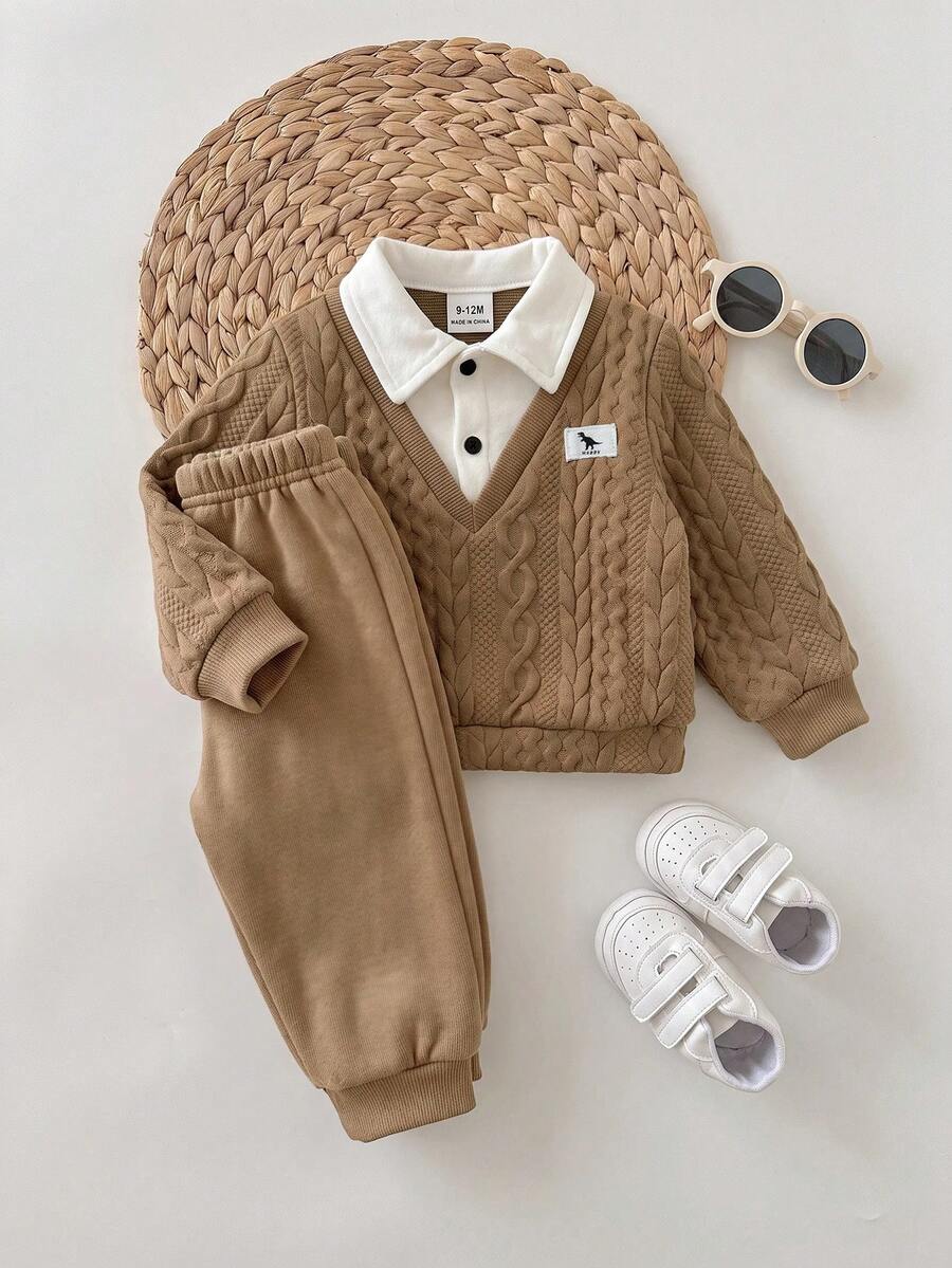 SHEIN 2pcs/Set Baby Boy/Girl Autumn/Winter Casual Cute Cartoon Pattern 2 In 1 Collar Sweatshirt & Elastic Waist Black Long Pants Outfit, Suitable For Autumn/Winter Outings, Kindergarten - Khaki - View 1