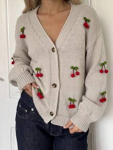 Women Solid Color 3d Cherry Pattern Accessory Deep V-Neck Front Button Drop Shoulder Chunky Cardigan - Apricot - View 7