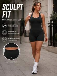 SHEIN Unity Women's Seamless Plus Size Solid Color Tank Top And Shorts Sports Set - Black - View 1
