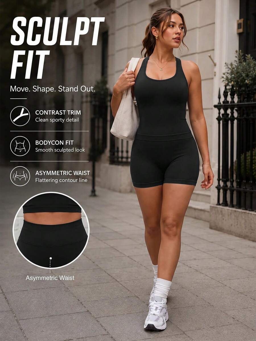 SHEIN Unity Women's Seamless Plus Size Solid Color Tank Top And Shorts Sports Set - Black - View 1