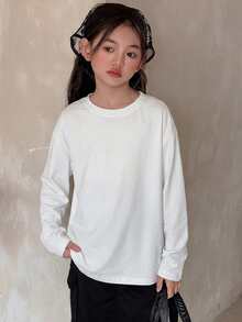 Dazy Kids 青少年女孩純色圓領落肩長袖休閒寬鬆T恤 - 白色 - 查看 6
