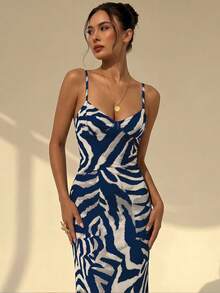 Aloruh Spring/Summer Vacation Spaghetti Strap Tie-Up Fitted Sexy Printed Women's Dress - Navy Blue - View 2