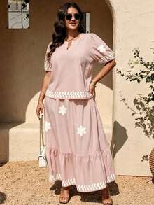 Breezaya Conjunto de 2 piezas de blusa de manga corta y falda con adorno floral, de tela tejida, cómodo y casual, para primavera temprana, en talla grande, color azul claro - Rosa Pálido - Ver 5