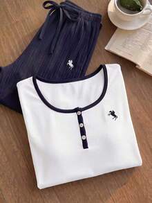 SHEIN EZwear 大尺碼女款馬術印花長袖上衣與長褲休閒日常兩件套 秋季 - 藍白色 - 查看 10