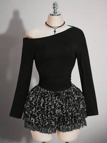 SHEIN ICON Plus-Size Y2K-Style Long-Sleeve Knit Top Featuring An Open-Shoulder Design And A Distressed, Open-Back Detail; Perfect For Music Festivals, Raves, And - Black - View 7