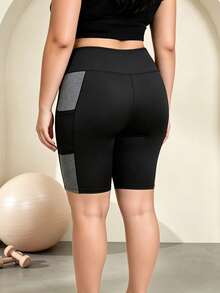 SHEIN Unity Women's Plus Size Colorblock Patchwork Sports Shorts With Pockets - Black - View 2