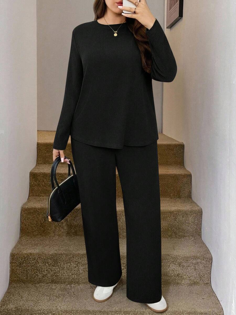 Easowa Curve Plus Size Casual Versatile Solid Color Top And Pants 2 Pieces Set - Black - View 1