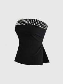 ROMWE Grunge Punk Atasan Tube Top Pas Badan Motif Leopard Subkultur Y2K dengan Desain Belahan di Bagian Bawah untuk Wanita - Hitam - View 1