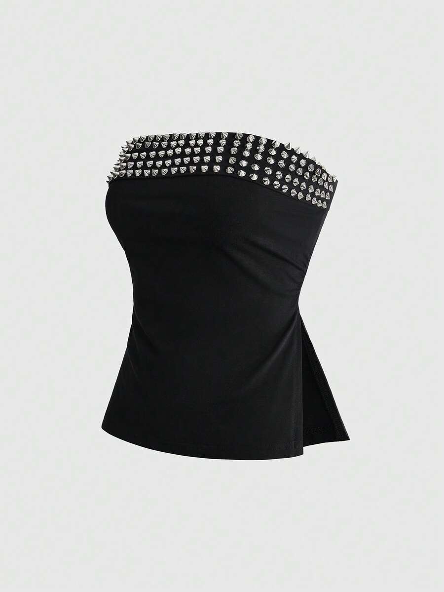 ROMWE Grunge Punk Atasan Tube Top Pas Badan Motif Leopard Subkultur Y2K dengan Desain Belahan di Bagian Bawah untuk Wanita - Hitam - View 1