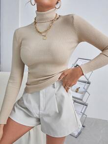 SHEIN LUNE Jersey de cuello alto de punto acanalado, tops de manga larga de punto, jersey de punto para otoño e invierno - Albaricoque - Ver 5
