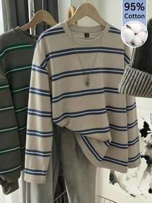 SHEIN EZwear 女款條紋拼色休閒日常長袖T恤 - 彩色 - 查看 1