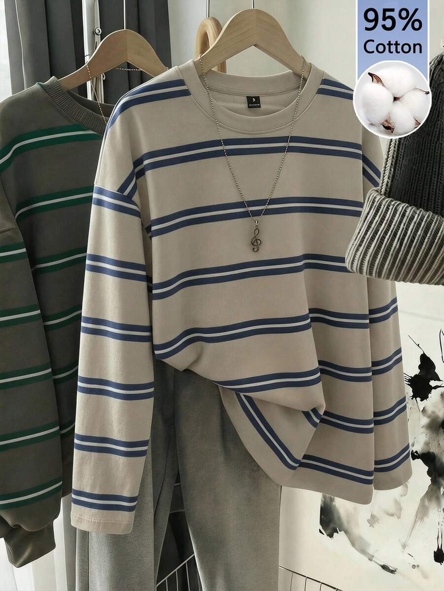 SHEIN EZwear 女款條紋拼色休閒日常長袖T恤 - 彩色 - 查看 1