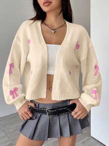 SHEIN Unity Women's Bow Pattern Casual Daily Cardigan - Multicolor - View 4