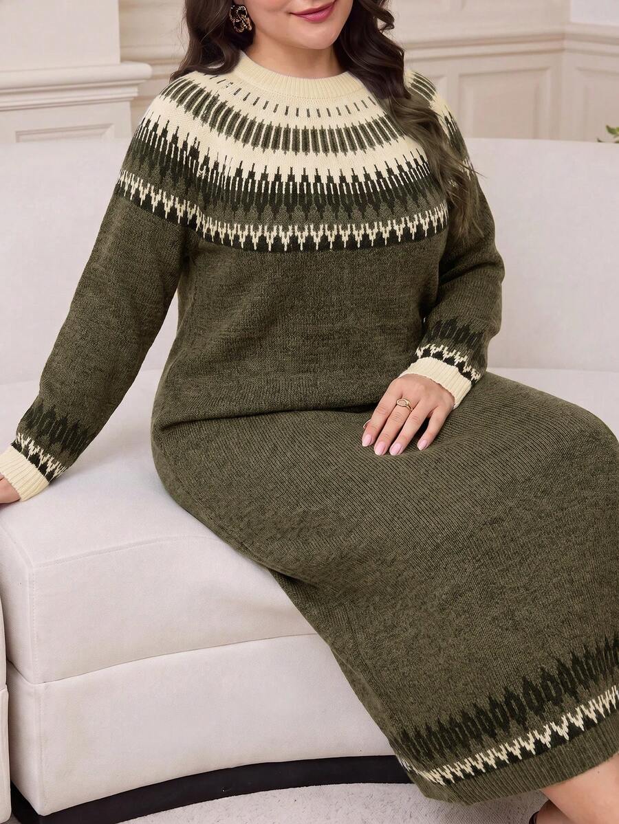 Modelyn Plus Size Casual Knit Dress For Autumn/Winter - Army Green - View 1