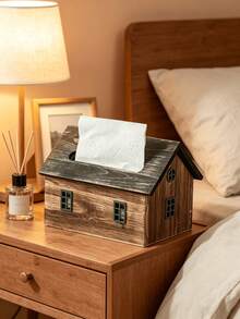 1PC Wooden Retro House Shape Tissue Box Cover Napkin Holder Organizer Vintage Decorative Storage Container For Living Room Bedroom Hotel Office Tabletop Home Decor Rustic Farmhouse Style Gift - Multicolor - View 7
