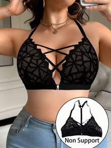 Seduluxe 1pc Plus Size Front Open Hook Lace Bralette, Wireless, Lift Lingerie Bra - Black - View 7
