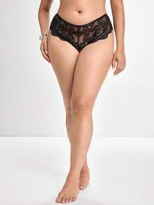 Slumbrini Plus Size Lace String Panties With Heart-Shaped Rhinestones Lingerie - Black - View 6