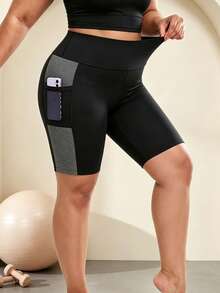 SHEIN Unity Women's Plus Size Colorblock Patchwork Sports Shorts With Pockets - Black - View 7