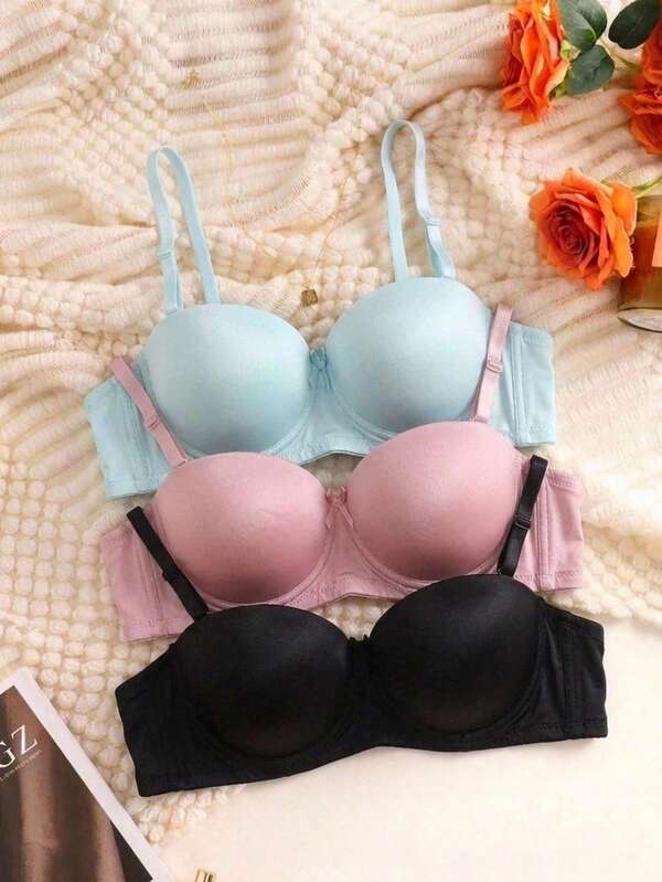 3 piezas Ropa interior con aros para mujer, de unicolor, con tirantes y espalda descubierta, de moda y sencilla
