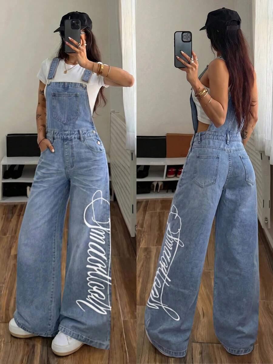 StreetHx Women's Letter Print Denim Overalls - Blue - View 1