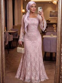 Auveirra Plus Size Women Square Neck Flare Sleeve Elegant Lace Dress Fall - Pink - View 4