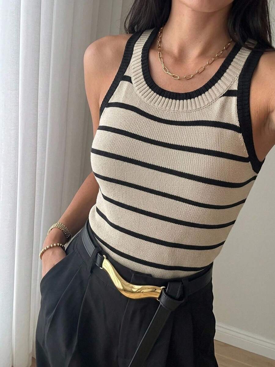Easowa Women's Sweater Stripe, Summer 90s Retro French Classic Elegant Minimalist Sporty Casual, Work Office Brunch Beige - Multicolor - View 1