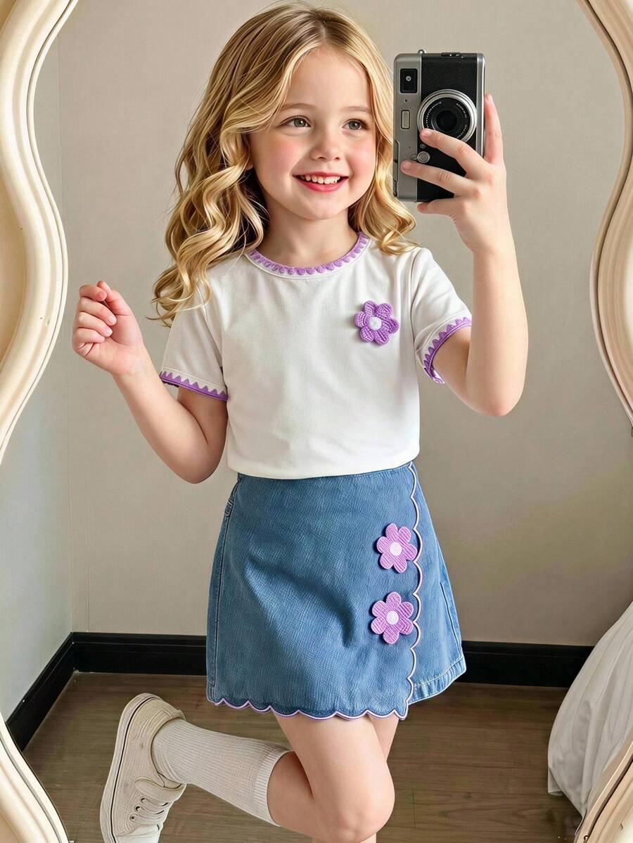 SHEIN Elladie kids 女童 2 件組春夏季套裝，圓領 T 恤與牛仔裙褲套裝，刺繡與花卉裝飾，俏皮可愛，休閒時尚，女童夏季短袖短褲套裝