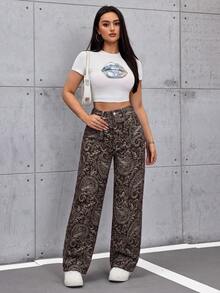 INAWLY 女款復古街頭風無彈直筒寬腿牛仔褲 日常約會深棕色夏季 - 棕色 - 查看 2