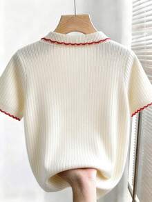 GlowEve CURVE Plus Size Women's Autumn Elegant Versatile Contrast Color Wavy Trim Lapel Button Short Sleeve Knit Top, Commuter Elegant Suitable For Daily, Outing, Dating And Multiple Occasions - Beige - View 2