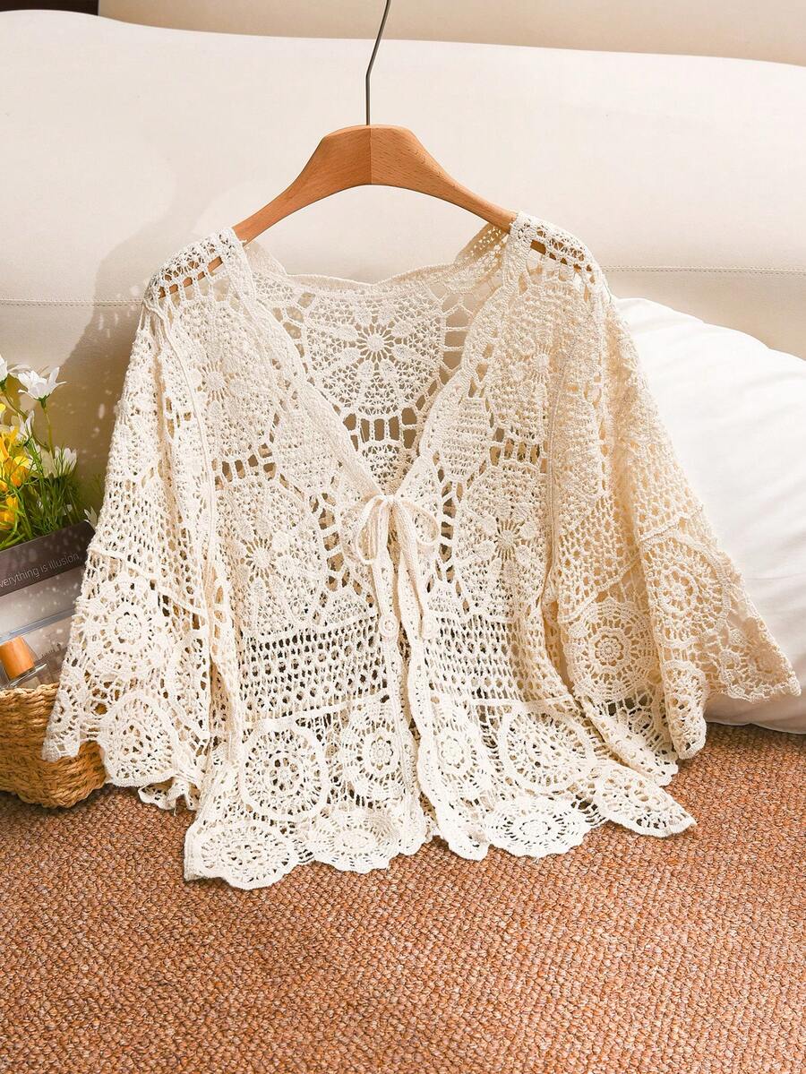 CosyJoli Plus Size Water-Soluble Lace Knit Tie-Front Cardigan Fall/Winter