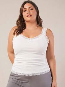 SHEIN BASICS Casual Basic Style Narrow Neck Lace Trim Ribbed Women's Plus Size Regular Vest, White, Sleeveless, Ribbed Texture, Side Pleats. - White - View 1