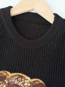 Girlism Tween Girls Sweaters Autumn/Winter Casual Black Bear 3D Patchwork Round Neck Drop Shoulder Pullover - Black - View 5