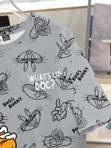 LOONEY TUNES X SHEIN Manfinity Joysei 男士時尚可愛卡通圖案印花圓領短袖T恤 - 灰色 - 查看 4