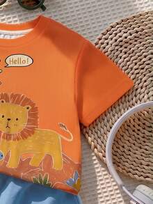 SHEIN LMoss Kids 男嬰休閒簡約卡通獅子印花上衣，適合春夏穿著 - 彩色 - 查看 6