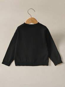 SHEIN 女童秋季/冬季黃色修身圓領針織開襟衫外套，兒童針織開襟衫，基礎款開襟衫，外套，適合海邊度假、冷氣房、開學季、優雅聚會等場合，適合秋冬穿著 - 黑色 - 查看 5