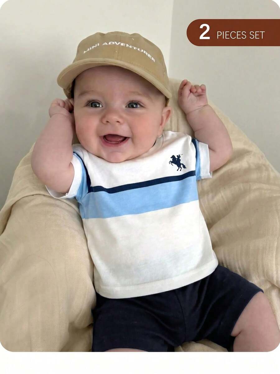 Newborn Set Striped Short Sleeve T-Shirt + Shorts 2pcs Set - Multicolor - View 1