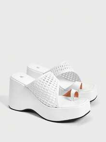 Sugerpunk Ladies, Spike Buckles, Lame-Heeled Platform Sandals. - White - View 2