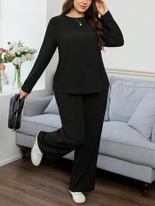 Easowa Curve Plus Size Casual Versatile Solid Color Top And Pants 2 Pieces Set - Black - View 4
