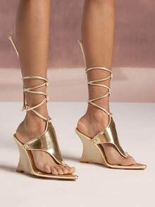 SHUZIA Ladies Thong Style Tie-Up Strap Wedge Sandals - Gold - View 2