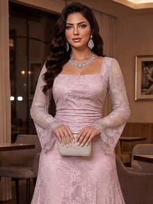Auveirra Plus Size Women Square Neck Flare Sleeve Elegant Lace Dress Fall - Pink - View 7