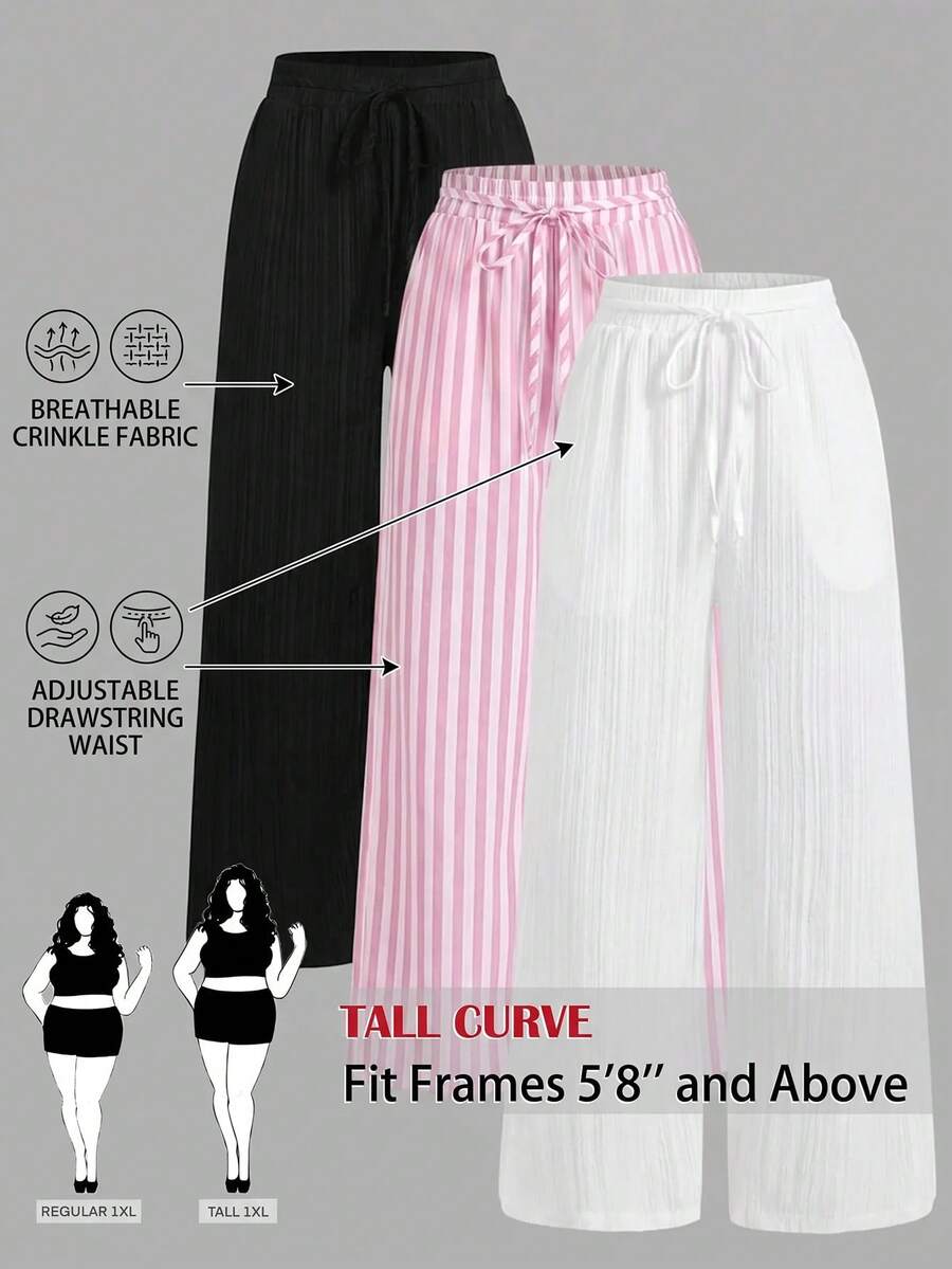 SHEIN Tall CURVE Plus Size Women Drawstring Waist Casual Versatile Daily Wear Long Pants 3 Pieces Set - Multicolor - View 1