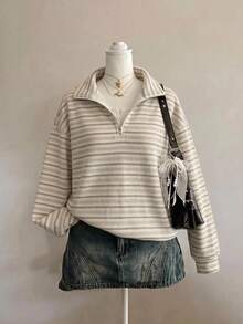 SHEIN EZwear Casual Minimalist Style Faux Washed Texture College Stripe Full Print Pattern Women's Half-Zip Sweatshirt, Suitable For Spring/Summer, College - Multicolor - View 1