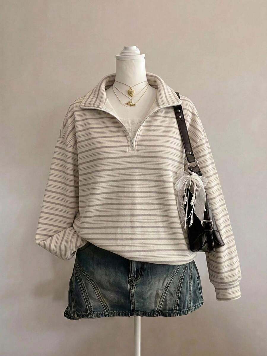 SHEIN EZwear Casual Minimalist Style Faux Washed Texture College Stripe Full Print Pattern Women's Half-Zip Sweatshirt, Suitable For Spring/Summer, College - Multicolor - View 1