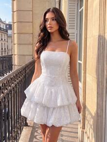 Poshira White Sequin Mesh Ruffle Strap Evening Dress - White - View 3