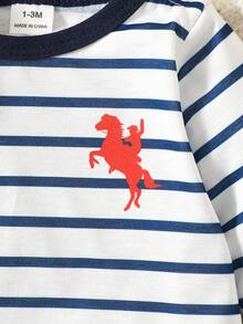SHEIN 新生兒針織素色馬圖案上衣休閒基礎款男嬰套裝 - 黑與白 - 查看 7