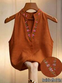 Flora Isola Flora Isola 女款花卉印花立領無袖上衣，優雅夏季辦公通勤穿搭 - 鏽棕色 - 查看 3