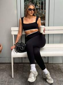 hollyjadebate Women's Minimalist Contrast Trim Wireless Sports Bra And Leggings Set Black - Black - View 5
